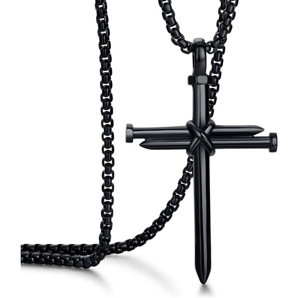 24'' Men's Black Gold Silver Stainless Steel Nail Cross Necklace Polished